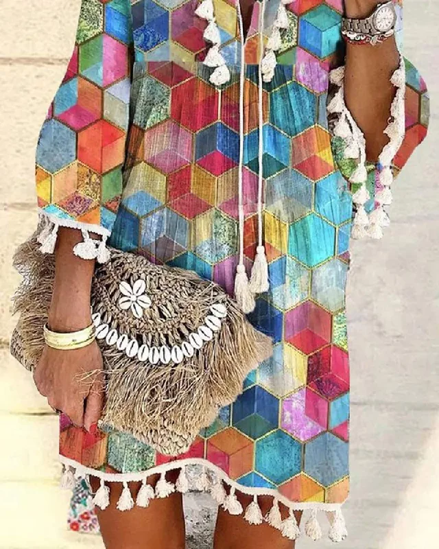 ALLOVER GEOMETRIC PRINT TASSEL DECOR BELL SLEEVE DRESS