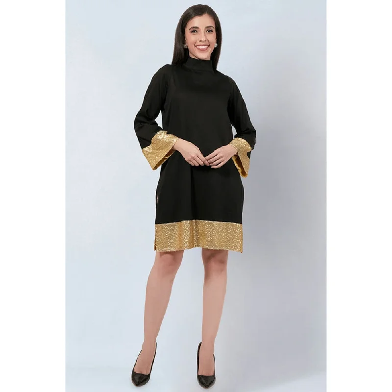 First Resort by Ramola Bachchan Black Cotton Satin Tunic Dress with Gold Sequin Border