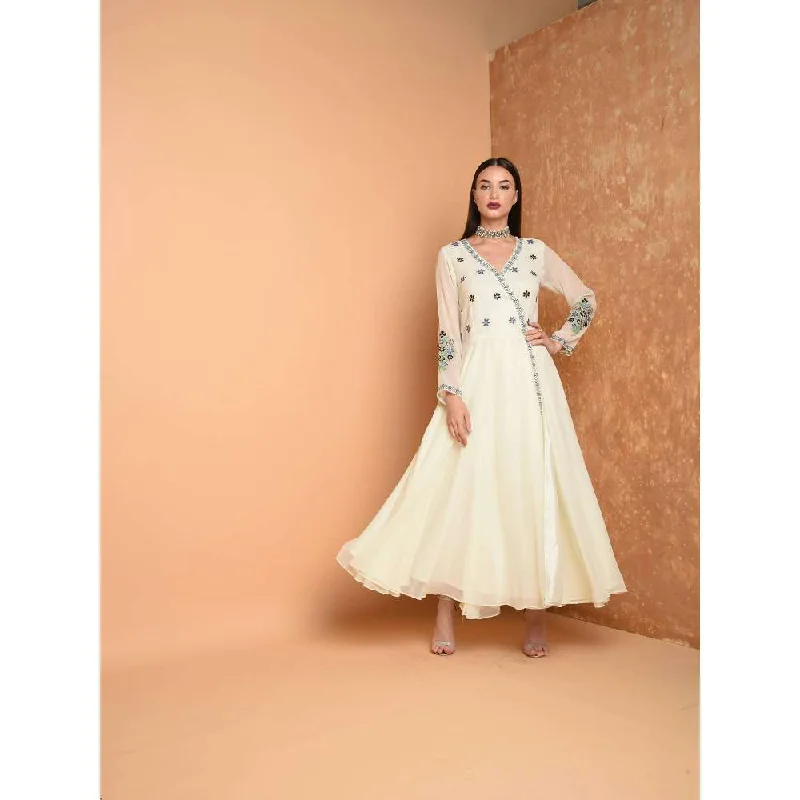 Kaanchie Nanggia Off White Silk Embroidered Anarkali Dress