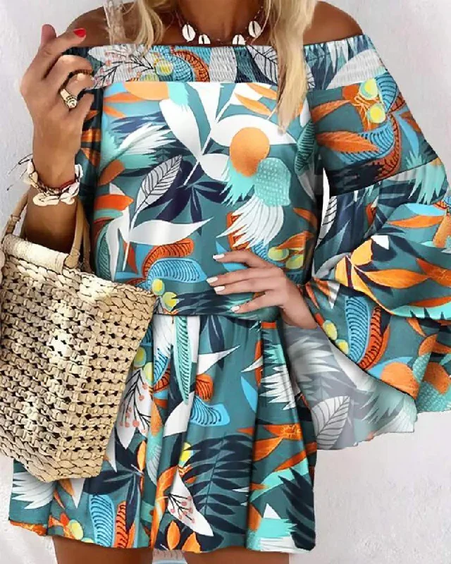 OFF SHOULDER SHIRRED BELL SLEEVE TROPICAL PRINT DRESS