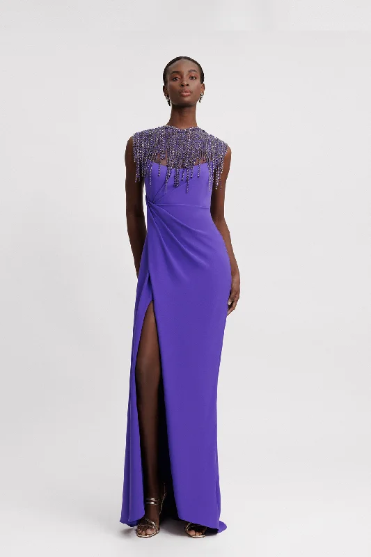 Beaded neckline draped crepe dress
