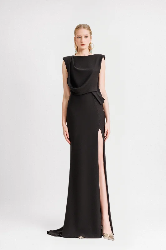 Open back crepe dress with slit
