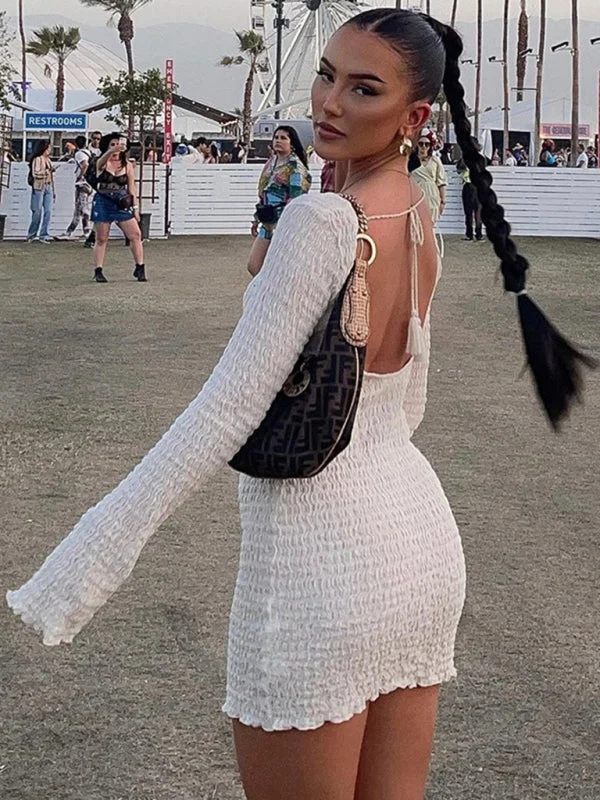 Blue Zone Planet |  New bubble thread solid color halterneck strappy backless dress