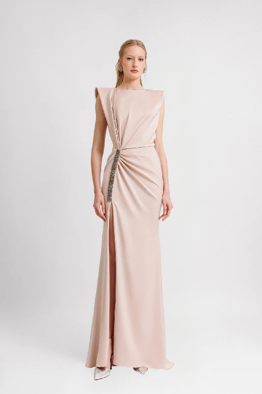 side slit draped satin dress with beading