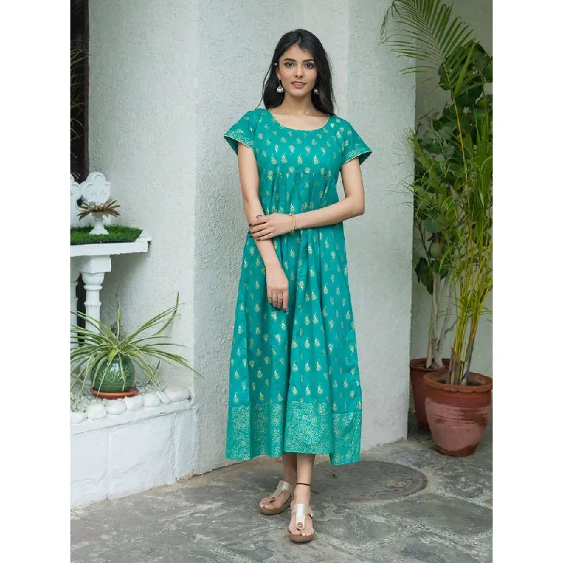 SVARCHI Cotton Paisley Print Anarkali Dress-Green