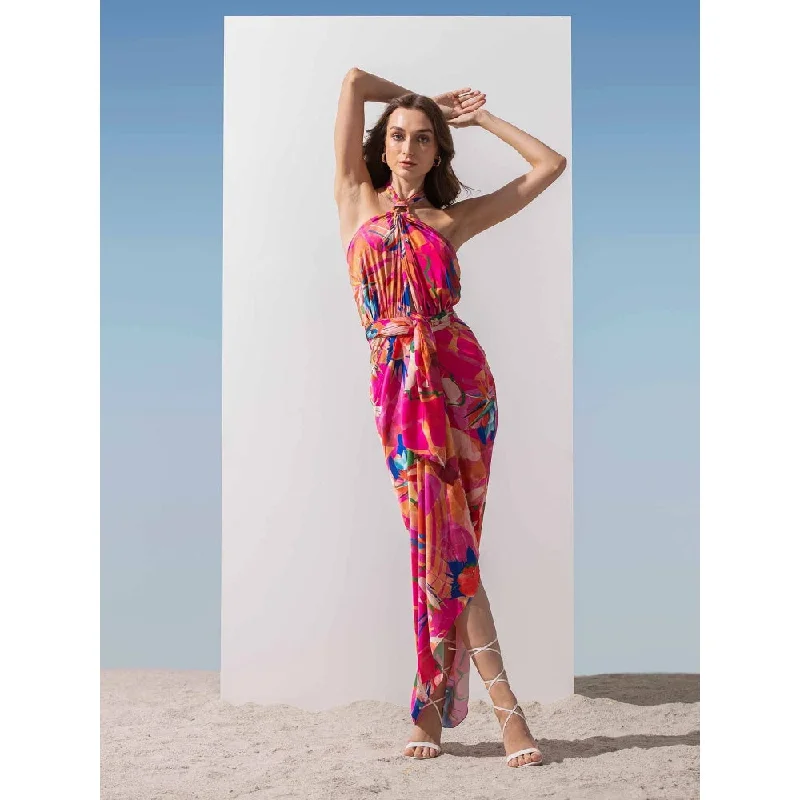 MANDIRA WIRK Abstract Print Satin Halter Neck Dress