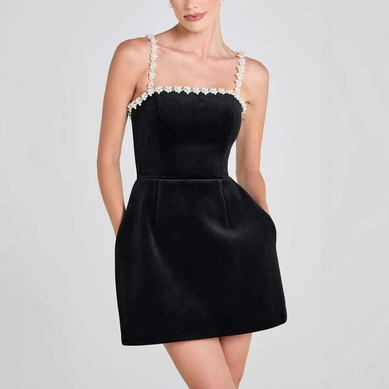 SEXY PEARL SLING TIGHT WAIST SPICE GIRL VELVET A LINE SKIRT DRESS