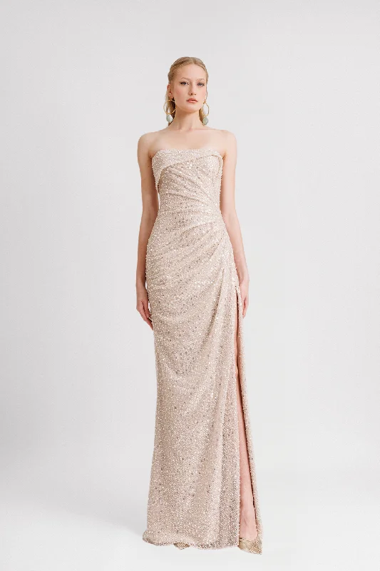 Fold-Over Neckline Strapless beige Dress