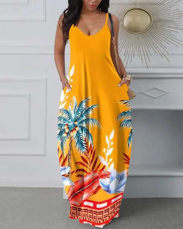 TROPICAL PRINT SPAGHETTI STRAP POCKET DESIGN CASUAL DRESS