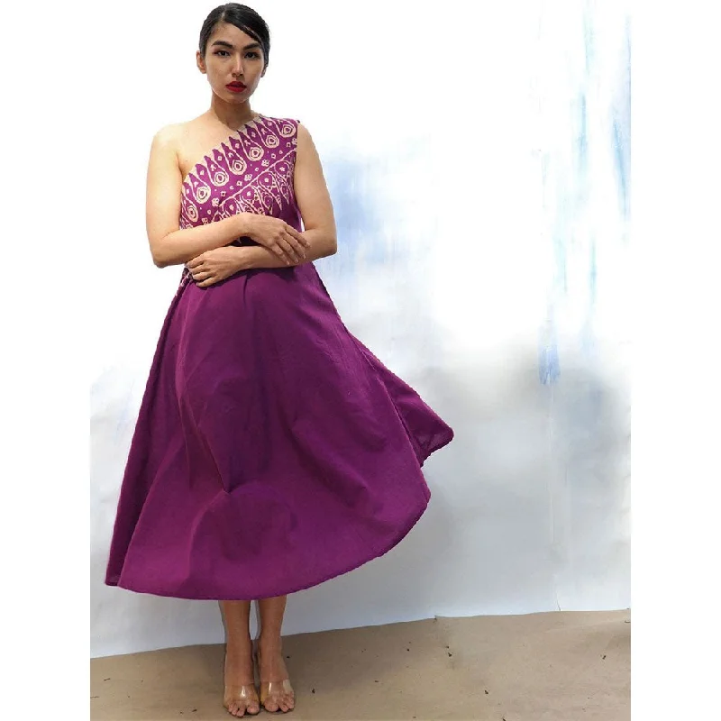 Chidiyaa SKD Purple Handprinted One Shoulder Pure Cotton Dress