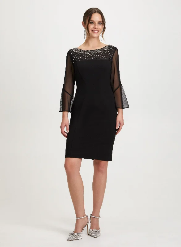 Beaded Neckline Mesh Sleeve Dress