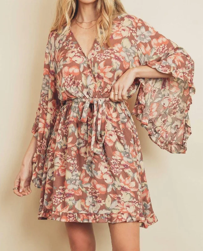Botanical Ruffled Kimono Sleeve Dress In Mauve/multi