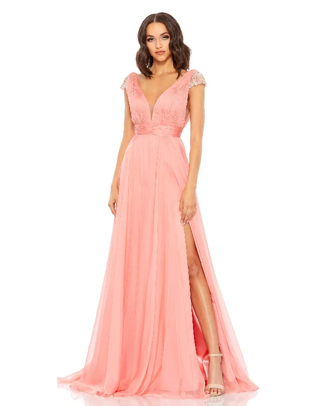 Chiffon Beaded Cap Sleeve A Line Gown
