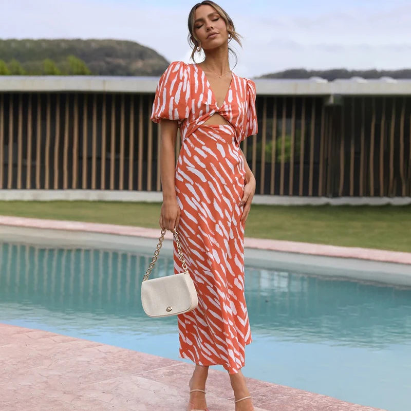 FashionSierra - 2024 Elegant Stripe Puff Sleeve A-Line Black Boho Dress