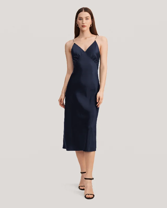 Elegant V Neck Silk Dress With Pearl