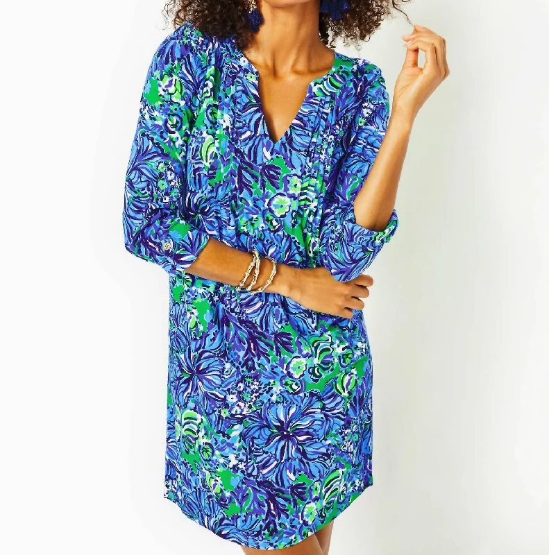 Fairfax 3/4 Sleeve Dress In Abaco Blue In Turtle Awe