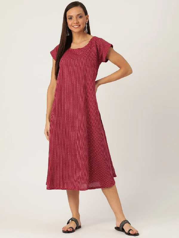 Women's Maroon Kantha A Line Dress - InWeave