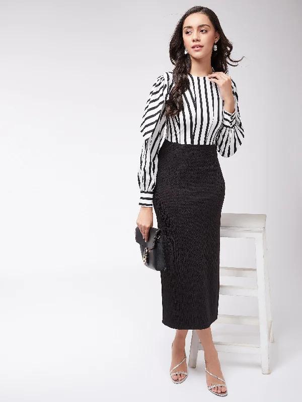 Women's Monocromaric Stripe Fitted Dress - Pannkh