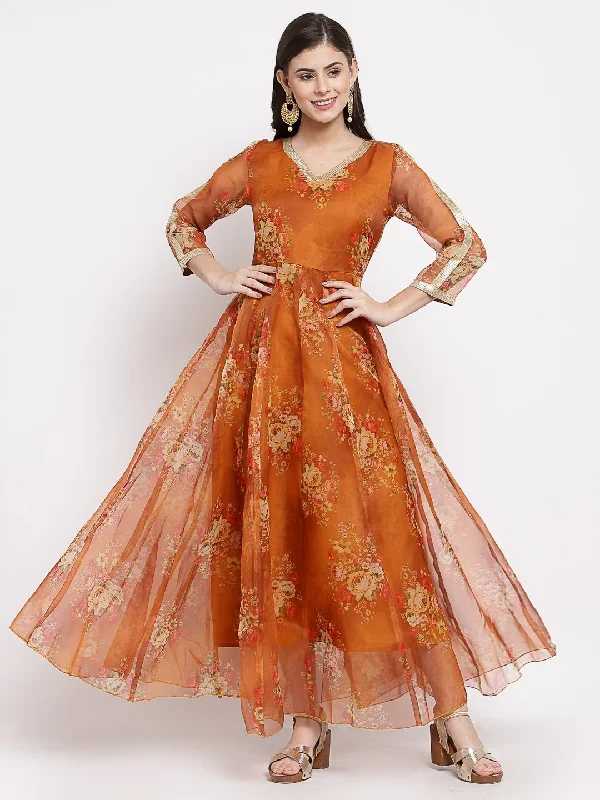 Women Brown Organza Printed Dress by Myshka (1 Pc Set)