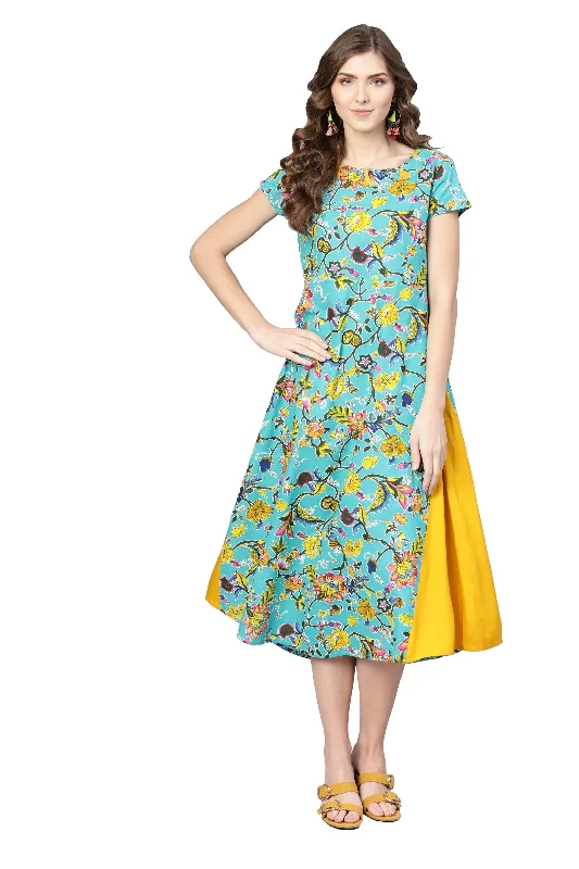 Women's Multi Cotton Printed  Round Neck Dress - Myshka