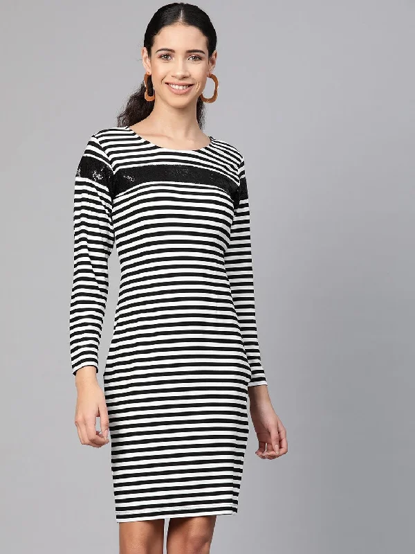Women's Stripe Dress With Sequin Patch - Pannkh