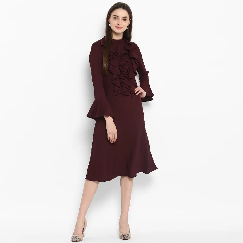 Women's Maroon Front Ruffle Bell Sleeve Dress - StyleStone
