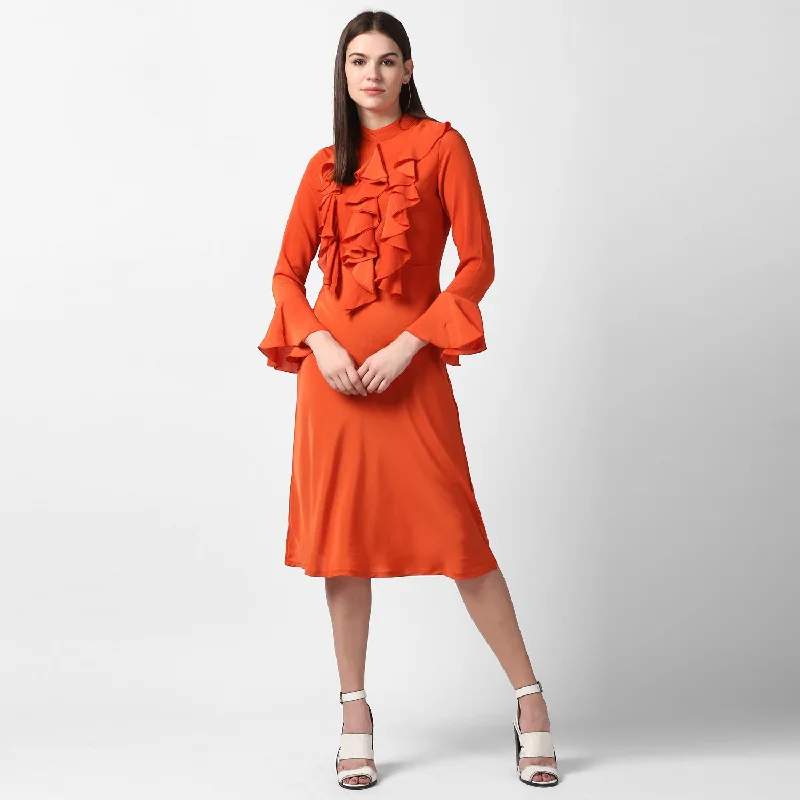 Women's Orange Front Ruffle Bell Sleeve Dress - StyleStone