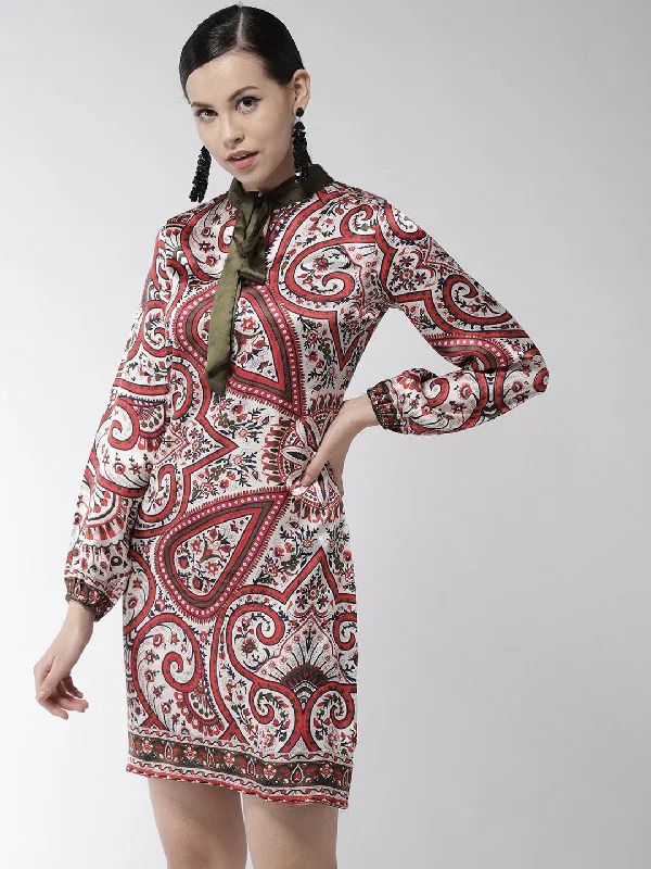 Women's Red Paisley Print Olive Necktie Dress - StyleStone