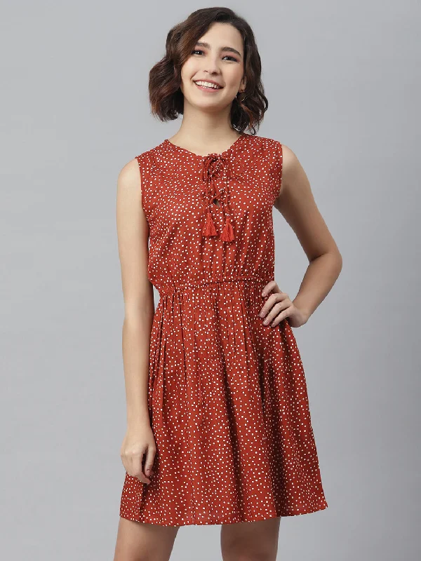 Women's Rust Polka Printed Tie Up dress - StyleStone