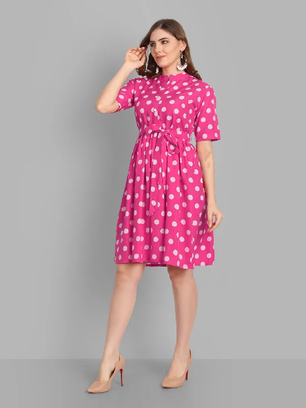 Women's Pink Polka Dots Printed Crepe Dress - Singni