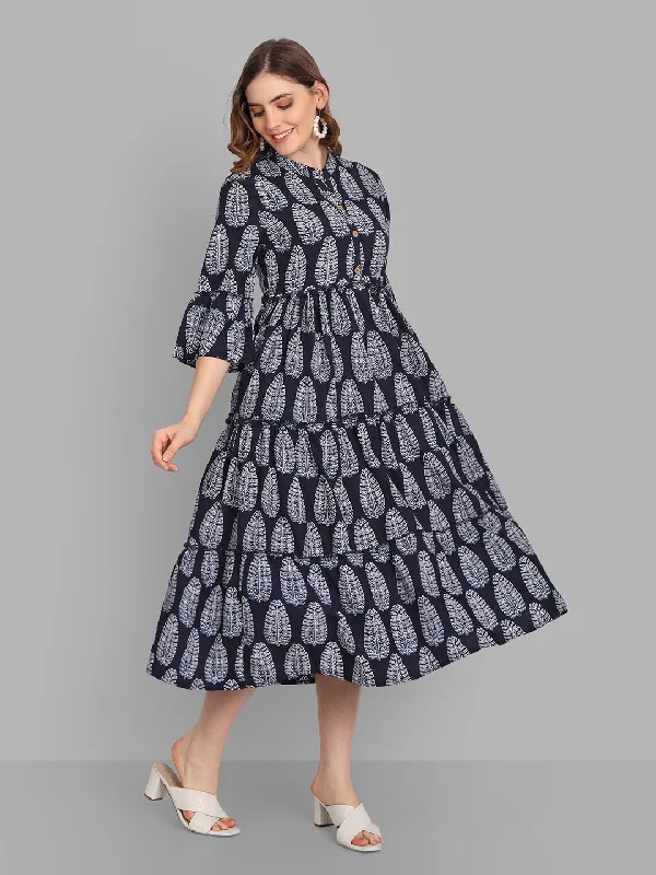 Women's Blue Crepe Printed Dress - Singni