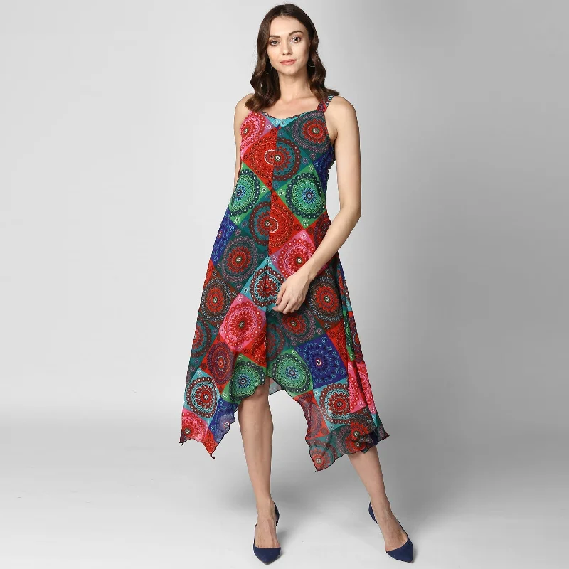 Women's Multi Colored Tile Print Asymmetric Dress - Stylestone
