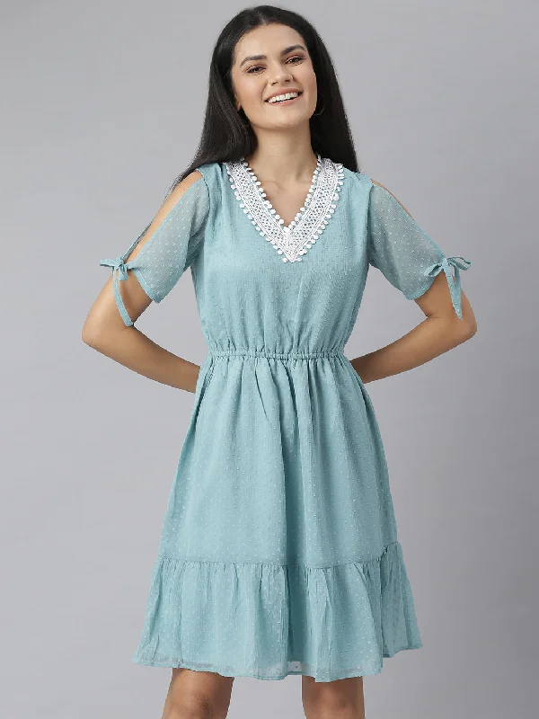 Women's Green Self Design Dress With Neck Lace -Stylestone