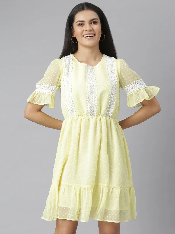 Women's Yellow Self Design Dress With Lace Insets -Stylestone