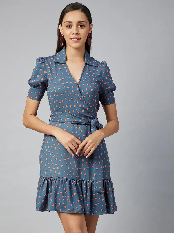 Women's Grey & Coral Overlap Polka Polyester Dress - Stylestone