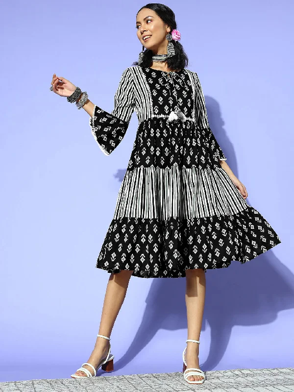 Women's Black Striped Cotton A Line Frill Dress - Yufta