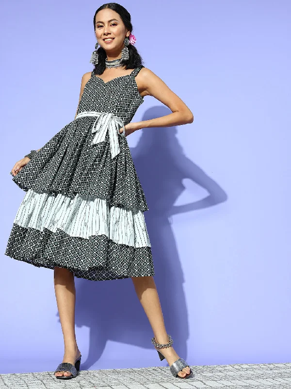 Women's Black Printed Cotton A Line Frill Dress - Yufta