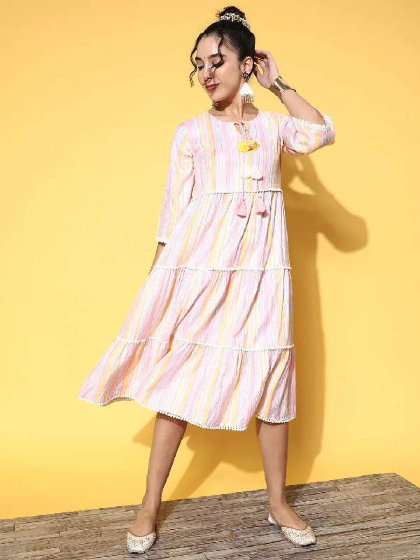 Women's Multi Striped Print Cotton Lurex Tier Dress - Yufta