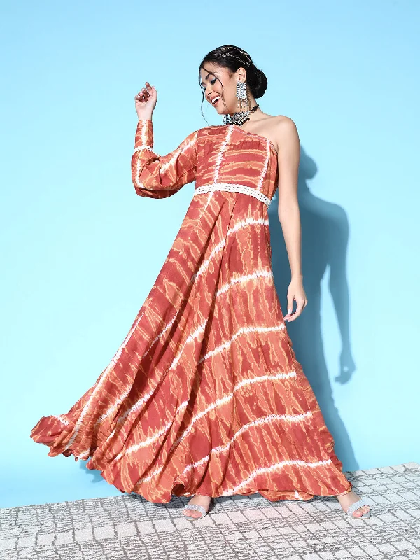 Women's Brown Hand Tie Dye Print Rayon Dress - Yufta