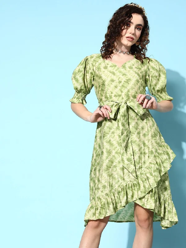 Women's Green Muslin Ruffled Ready Dress - Yufta
