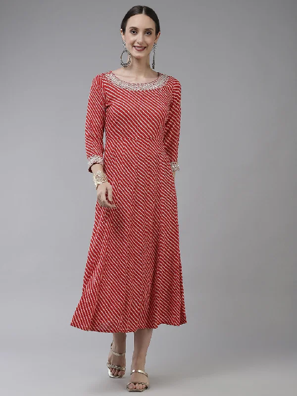 Women's Red Embroidery Rayon A Line Dress - Yufta