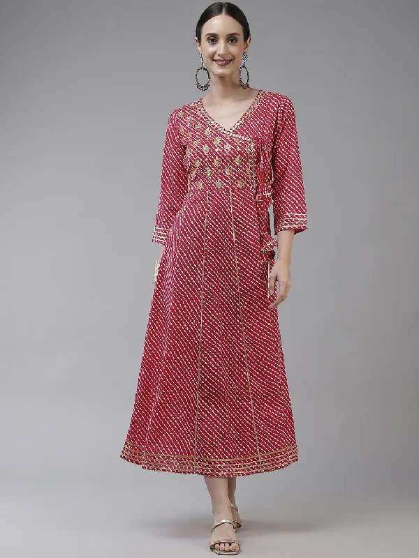 Women's Pink Embroidery Angrakha Style Dress - Yufta