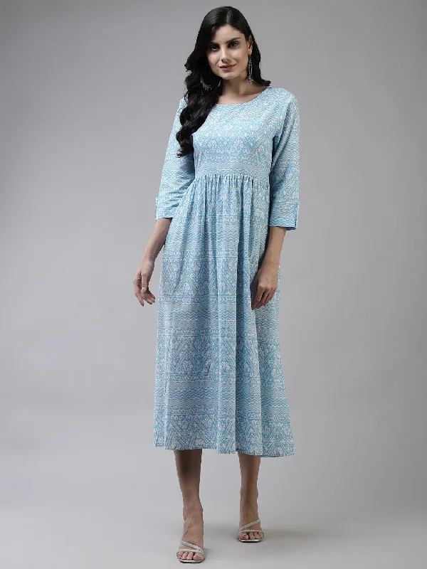 Women's Sky Blue Abstract Print Cotton A Line Dress - Yufta