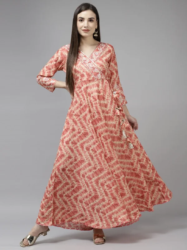 Women's Peach Sequence Embroidery Lace  Tassles A Line Dress - Yufta
