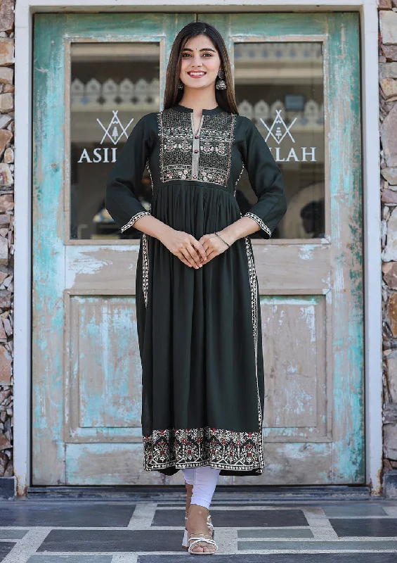 Women's Rayon Printed Dark Olive Green Side Slit Long Ethnic Dress - Kaajh