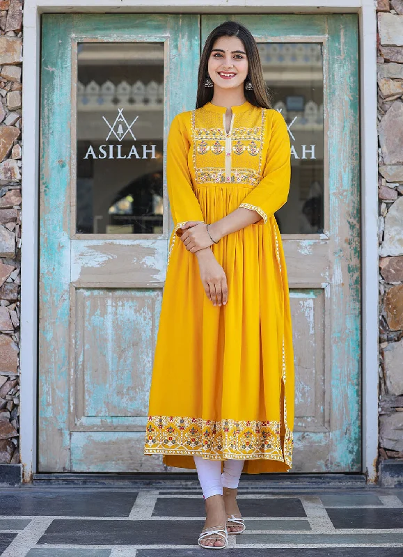Women's Rayon Printed Yellow Side Slit Long Ethnic Dress - Kaajh