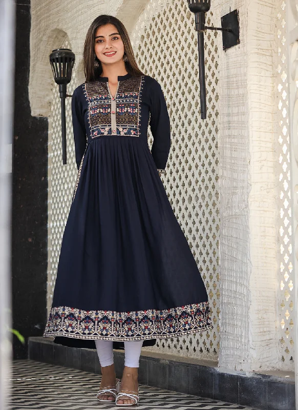 Women's Rayon Printed Navy Blue Side Slit Long Ethnic Dress - Kaajh