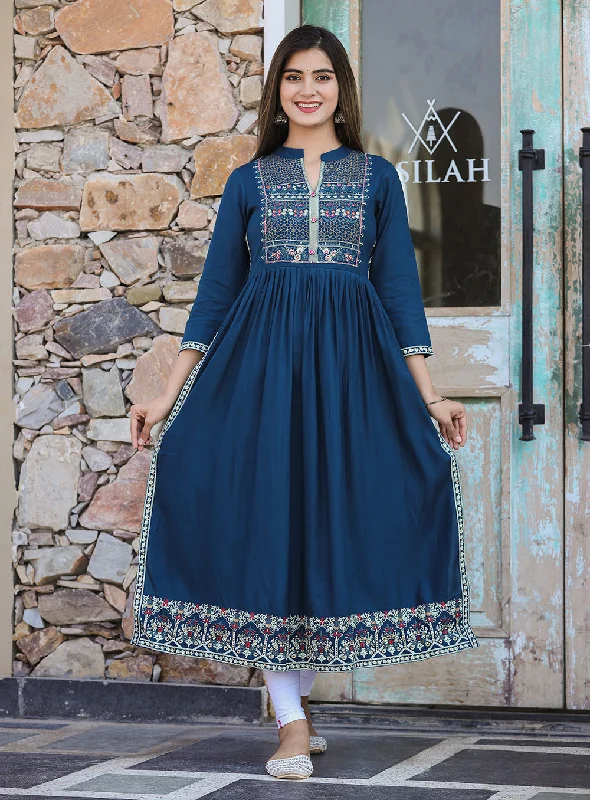 Women's Rayon Printed Teal Side Slit Long Ethnic Dress - Kaajh