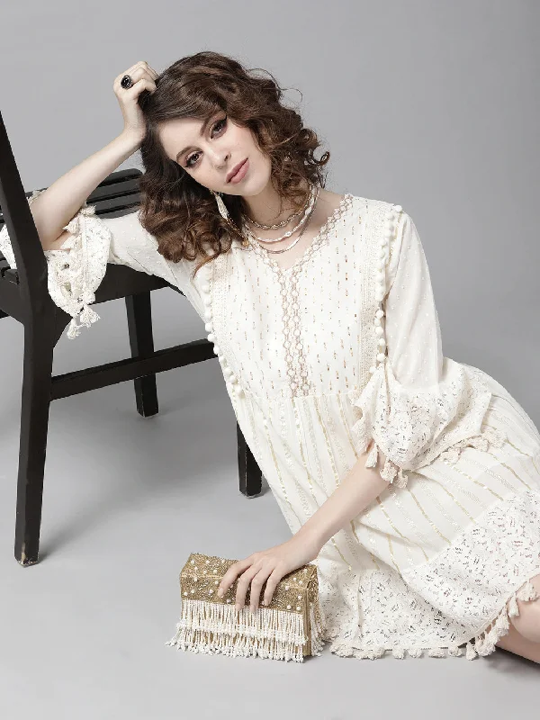Women's Cotton Off White Lurex Embellished A-Line Dress - Ishin