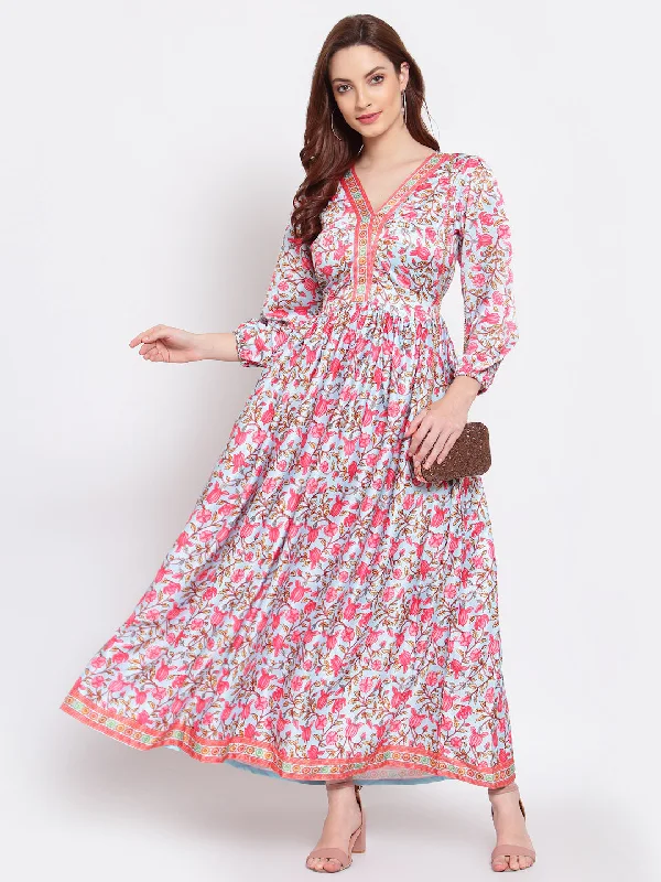 Women's Multi Printed Cotton Blend 3/4 Sleeve V Neck Casual Dress - Myshka